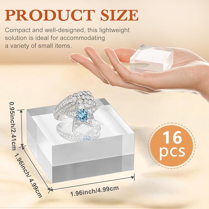 Acrylic Base 16 Pieces Acrylic Blocks for Display 2 X 2 X 1 Inch Square Riser Display Stands Trophy Base Pedestal Stands Clear Cube for Trophy Jewelry Props Food Party Crafts