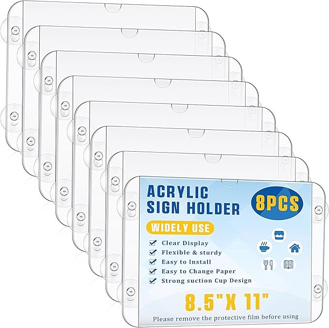 Handepo 8 Pcs Acrylic Window Sign Holder with Suction Cup 8.5 x 11 Inches Clear Acrylic Frames Bulk Glass Window Wall Mount Frames Advertising Signage Sign Holder for Mall Restaurant Store Office