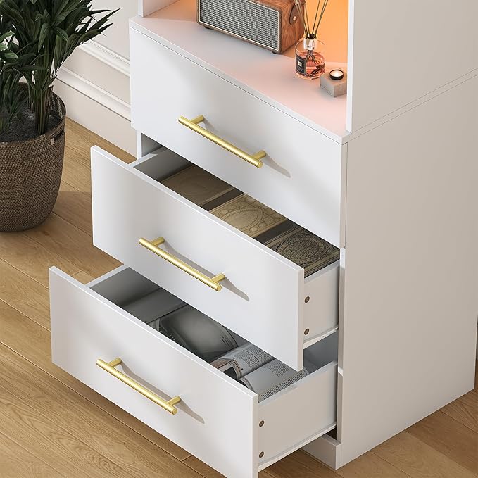Winkalon 71“H White Bookshelf with LED Light, Bookcase and Bookshelf with Drawers, Tall Bookcase Tall Storage Cabinet 3-Tier Open Shelves for Home Office Living Room Bedroom, 15.8"D x 23.6"W x 70.9"H