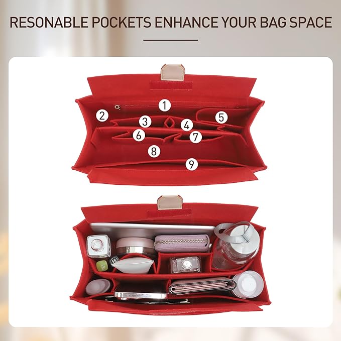 Doxo Purse Organizer Insert, Felt Tote Organizer with Zipper, Bag Insert Organizer Perfect for Lv Onthego MM 35 & D Medium Book Tote Bag (Red-With Cover)