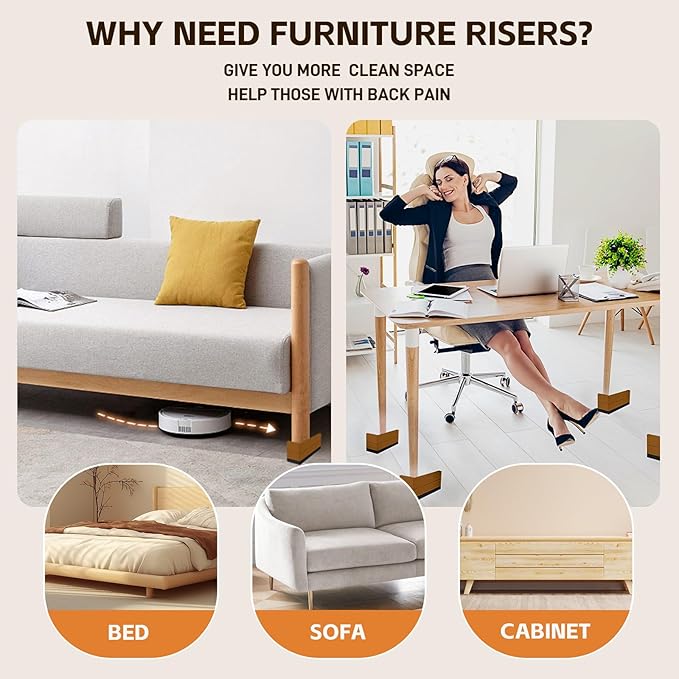 Bed Risers, Furniture Raise Blocks, 3 inch Stilts Heavy Duty for Bed Couch Desk Sofa Table Lifts, Furniture Legs Lifters Support up to 1300 Lbs (Brown, 4 Pack Set)