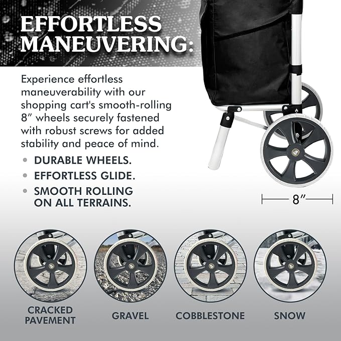 Ultra-Lightweight Foldable Grocery Cart with 40L Capacity, Soft Rolling Wheels, Removable Insulated Bag – Multi-Purpose Personal Hand Truck (Black)