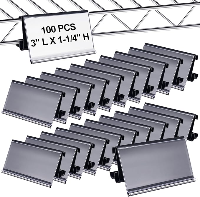 100 Pcs Wire Shelf Label Holders Plastic Wire Rack Clips 3 x 1.25 Inch Shelf Price Tags Compatible with Metro 1-1/4in Shelves for Shopping Mall Supermarket Store