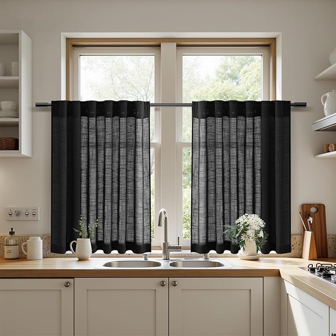 Nanspring Short Linen Curtains 36 Inch Length Black Semi Sheer Drapes Back Tab and Rod Pocket Neutral Privacy Cafe Curtains for Bathroom Small Windows, 34 x 36 Inch, 2 Panels