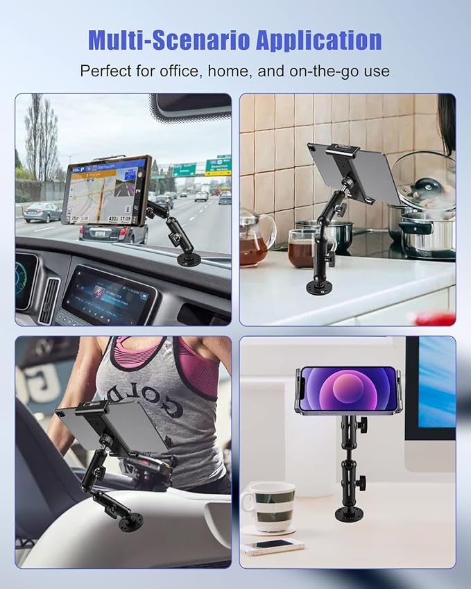 Industrial Aluminum Tablet Mount with Dual Link Arm, Heavy Duty 360° Adjustable Holder for 6-13" Devices, Multi-Hole Base for Truck Boat Wall Desk Installation