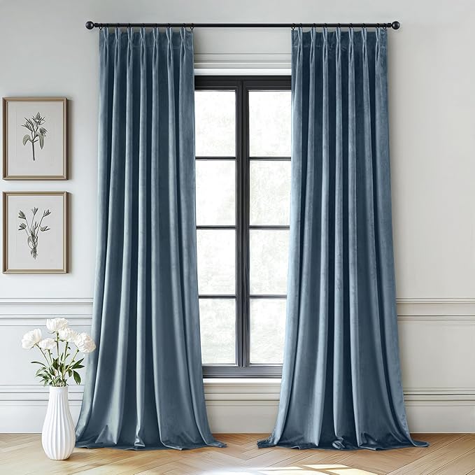 MIULEE Stone Blue Velvet Curtains 108 inches Long, Pinch Pleated Blackout Drapes with Hooks, Thermal Insulated Pinch Pleat Panels for Bedroom Living Room, 2 Panels