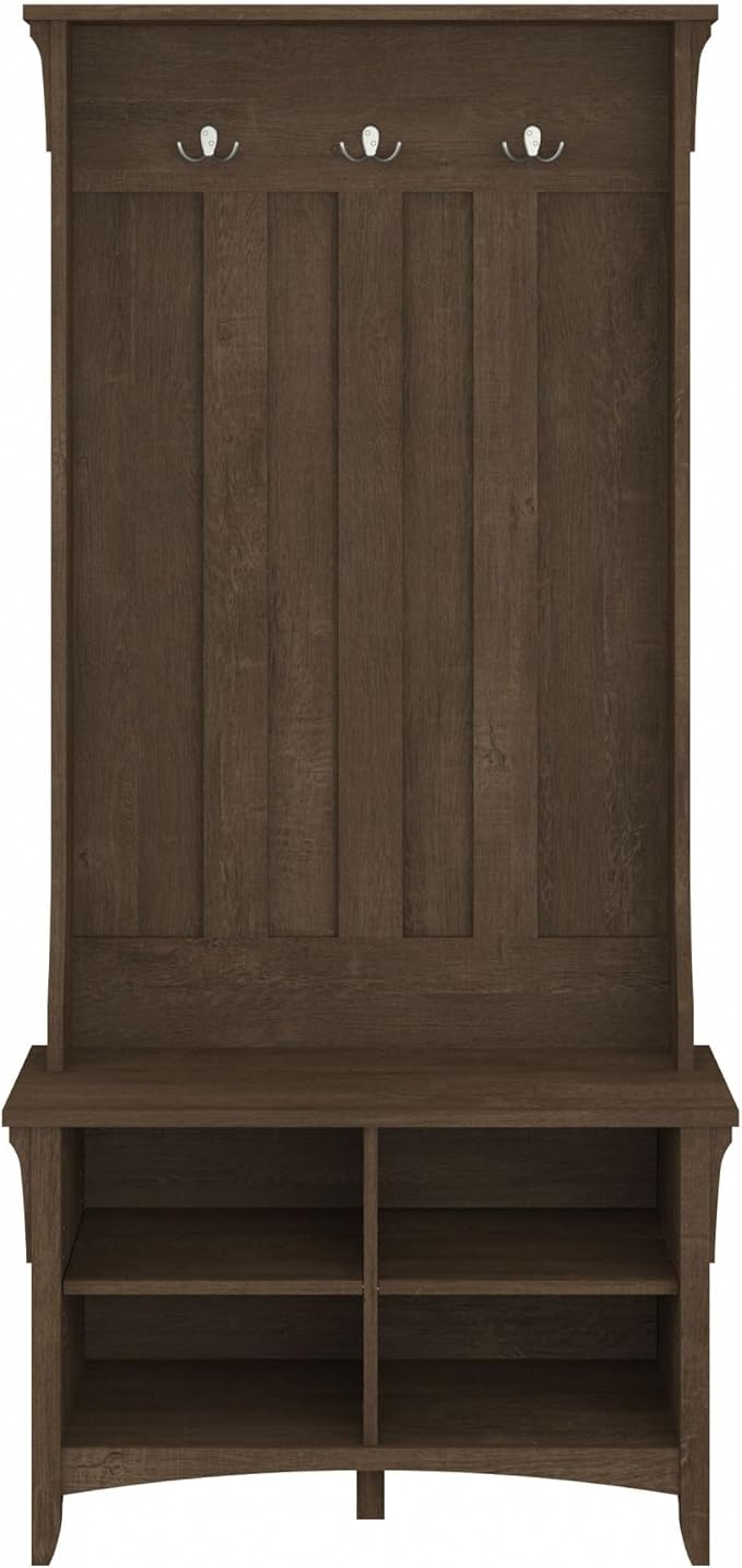 Bush Furniture Salinas Hall Tree with Shoe Storage Bench in Ash Brown, Multi-Purpose Home Organizer, Entryway Solution with Seating and Hooks
