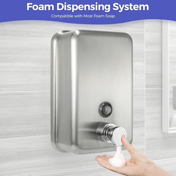 Stainless Steel Foam Hand Soap Dispenser, 1100ml / 37oz Wall Mount Foaming Soap Dispenser with Improved Premium Non-Leak Pump and Corrosion-Proof Liner for Commercial and Residential Use