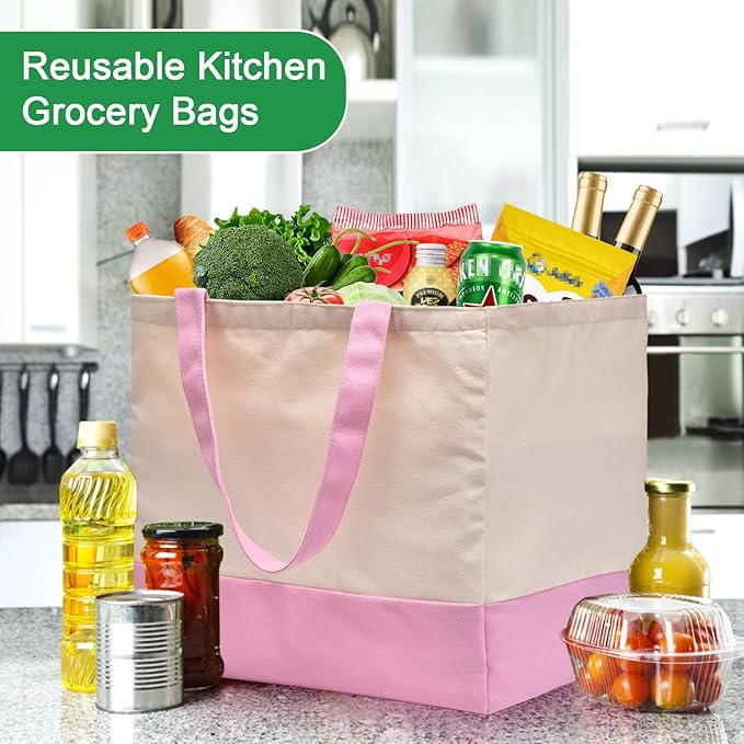 3 Pack Canvas Reusable Grocery Bags Heavy Duty, 8.3 gal Foldable Large Tote Bag with Handles, Holds 60 lbs Canvas Shopping Bags & Washable Eco-friendly Bags with 5 Pockets, Pink+Off white