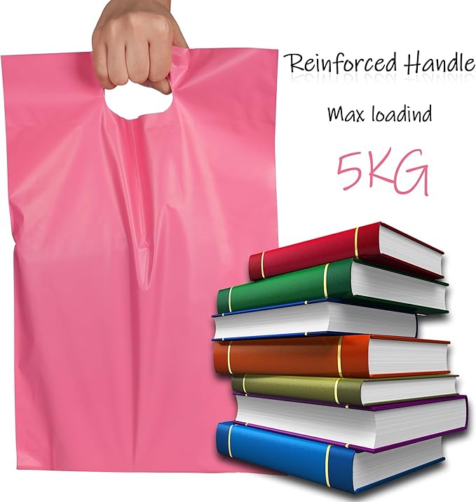 JinRuiKJ Poly Mailers with Handle 10x13 Inch 100 Pcs, Self Sealing Shipping Bags for Clothing, Easy to Carry Packaging Bags for Small Business - Pure Pink