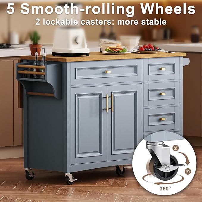 52" Retro Kitchen Island with Storage, Embossed Texture Kitchen Island on Wheels with Drop Leaf, Adjustable Shelf & Oak Veneer Tabletop, Spice/Towel Rack, Blue