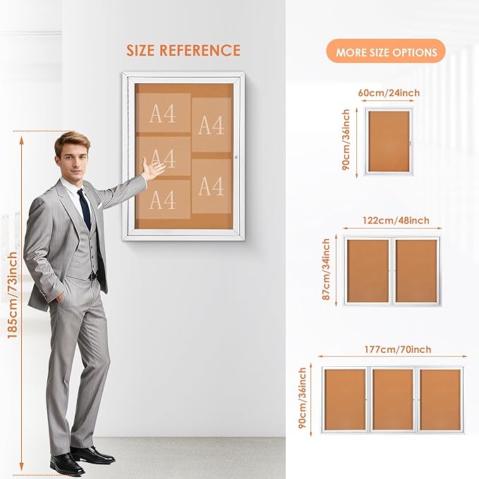 Outdoor Bulletin Board Weatherproof 36x24 in, Enclosed Bulletin Board with Locking Door, Wall Display Case for Office School Home Commercial, Silver Aluminum Frame, Cork