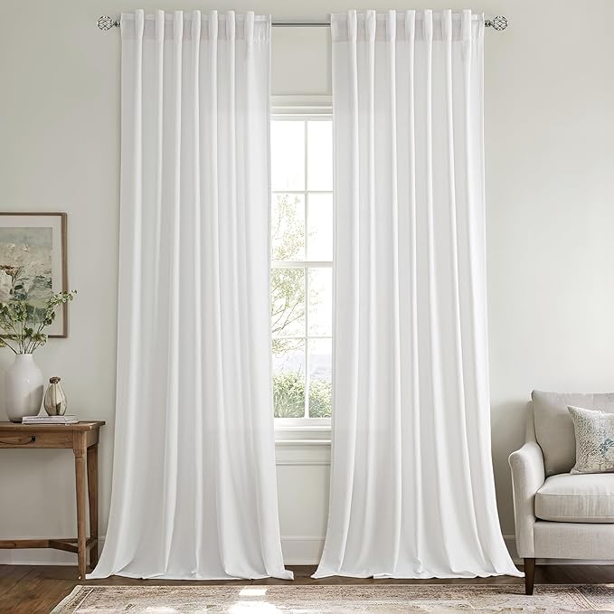 MIULEE Non-See-Through Privacy Linen Curtains 2 Panels, Light Filtering Window Curtains Farnhouse Textured Back Tab Semi Sheer Drapes for Bedroom Living Room, 52 x 96 Inches Long, Pure White