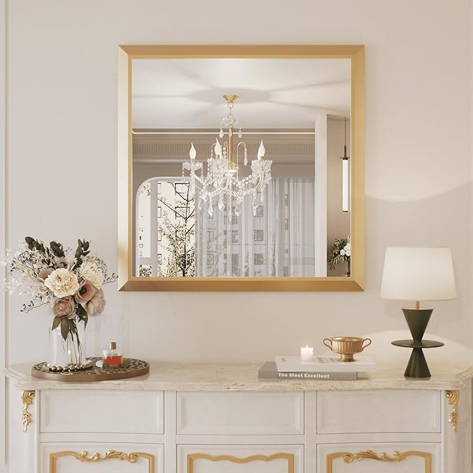 Amorho Bathroom Mirror, 36x36 Inch Golden Thick Metal Framed Wall Mirrors for Over Sink, Wall-Mounted Mirrors Perfect for Bedroom, Living Room, Entryway, Rectangle (Horizontal/Vertical).