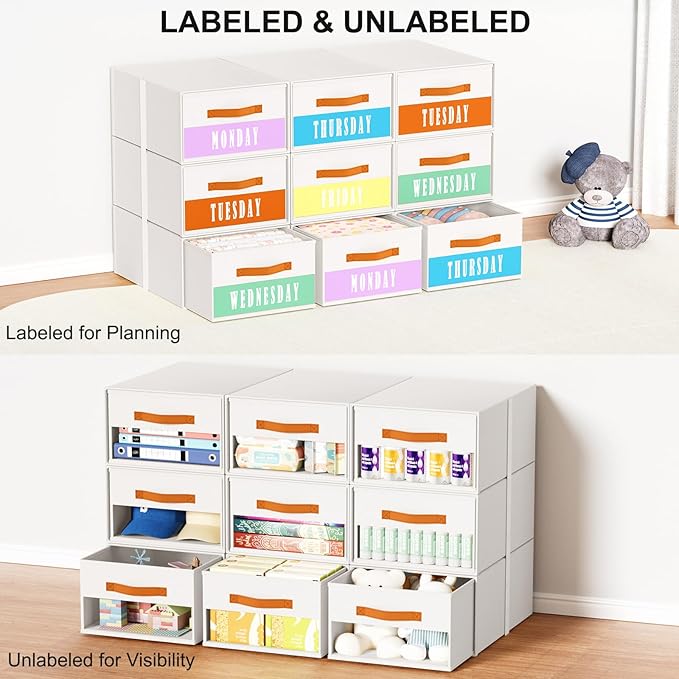 Stackable Storage Drawers - Pull Out Storage Bins with Drawers for Closet Clothes Organizers with Weekly Labels & Clear Window, Closet Shelf Storage for Bedroom, Living Room, 5 Pack, White