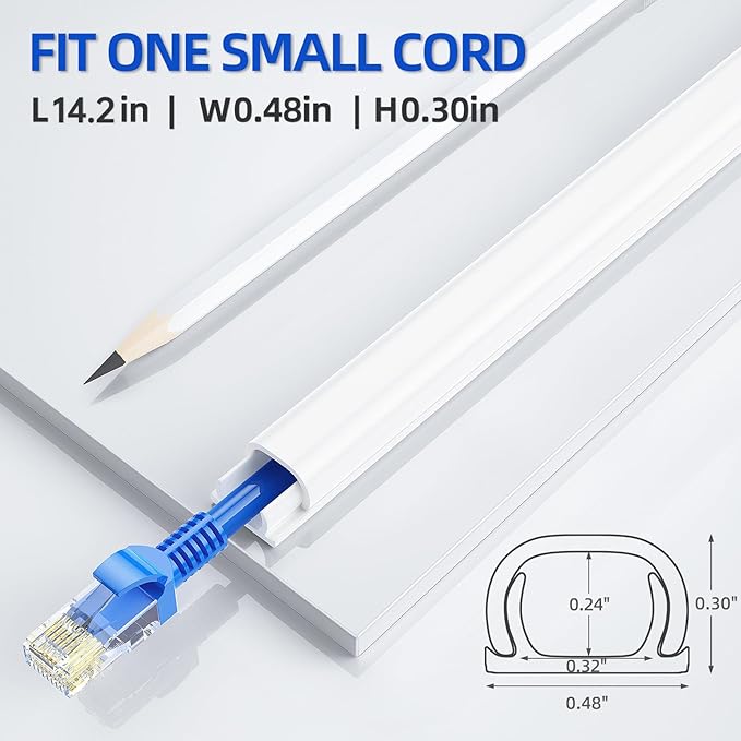 Delamu 128in Cord Hider for 1 Cord, Self-Adhesive Cord Covers for Wires on Wall, Easier Install Wire Covers for Cords on Wall, Cable Wire Hider, Cable Cover Management Raceway, W0.48 H0.3in, White