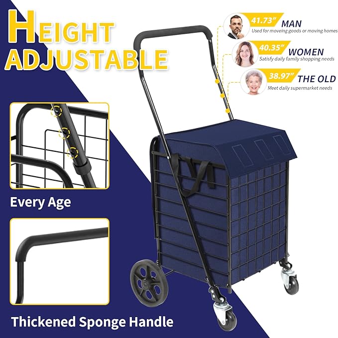 Folding Shopping Cart for Groceries, Grocery Cart with Waterproof Liner and 360° Swiveling Wheels Collapsible Shopping Carts for Condo Laundry Transport Trip