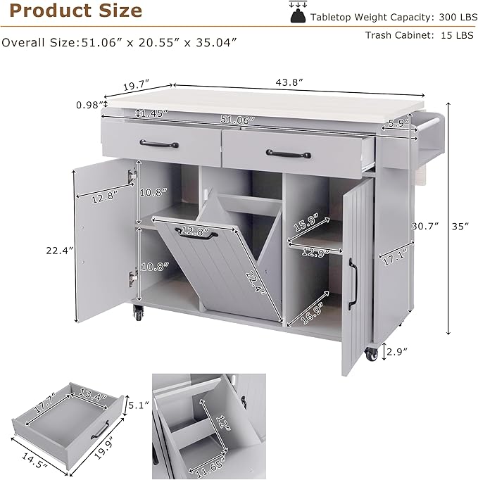 51" Moveable Kitchen Island with Trash Can Storage Cabinet, Kitchen Cart with Drop Leaf, Spice Rack, Towel Rack and Drawer, Rolling Kitchen Island on 5 Wheels with Adjustable Shelf, Grey