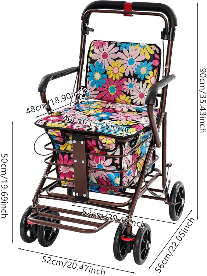 Shopping Cart, 220lbs Foldable Shopping Cart, Utility Cart with Seat & 360° Wheels, for Groceries, Laundry, Camping (Flower)