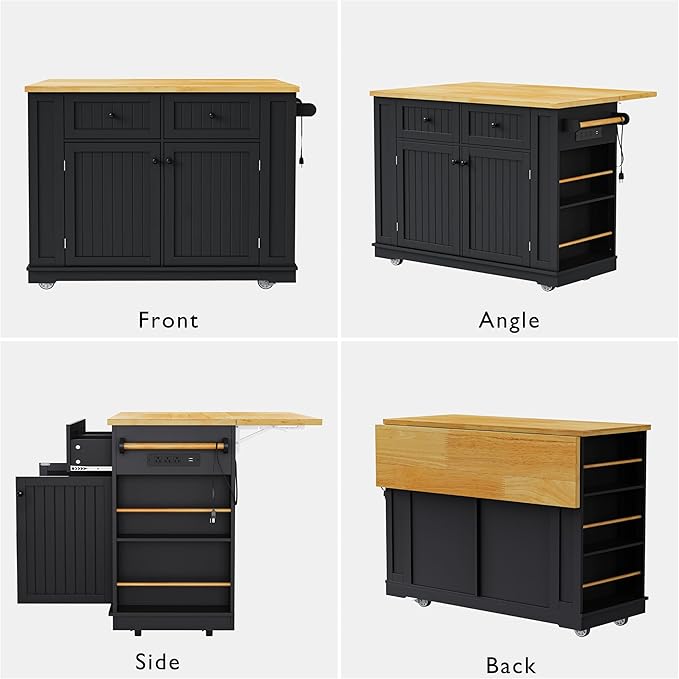 Rolling Kitchen Island with Drop Leaf & Power Outlet, Large Kitchen Islands Cart on Wheels, Movable Kitchen Island with 5 Open Storage Shelves & Towel Rack for Kitchen, Dining Room, 48-Inch, Black