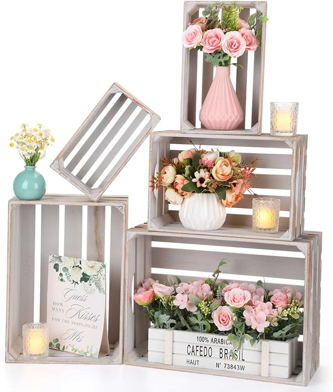 Soaoo 5 Pcs Decorative Nesting Wooden Crates for Storage Display 5 Size Large Small Rustic Wood Decorative Storage Crates with Handle Farmhouse Crate Box Container Made from Pine(Vintage Gray)