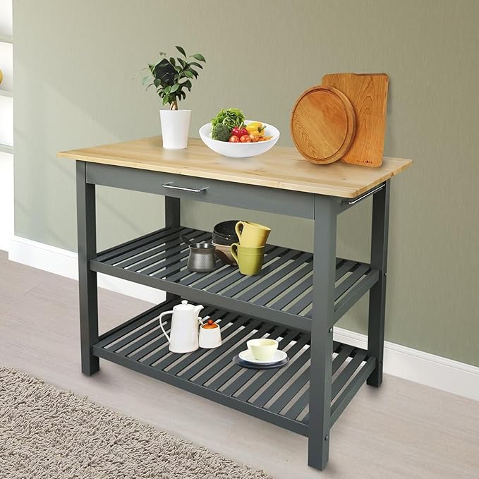 Island Oasis Solid Wood Kitchen Island with Drawer, Stainless Steel Towel Bar and Open Storage Multi-Purpose Prep Table for Home Kitchens Grey and Natural