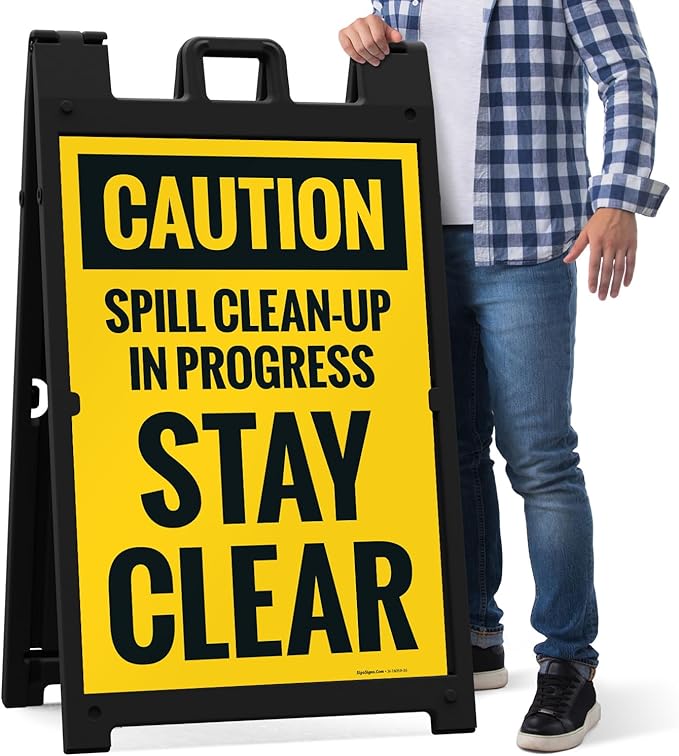 Caution Spill Cleanup in Progress Stay Clear Sidewalk Sign Kit, 24x36 Inches, with A Frame Stand, Made in USA