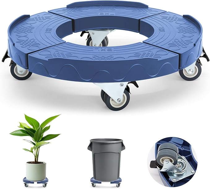 Plant Rollers with Wheels, 15-19 Inch Adjustable Bucket Dolly with Locking Wheels 440 LBS Heavy Duty Drum Cart Plant Caddy with Wheels Plant Mover Base, Blue