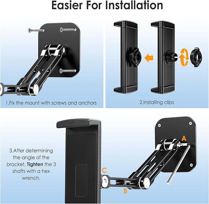 Tablet Wall Mount Holder, Aluminium Extendable iPad Wall Holder, with 360°Rotating Base Adjustable and Foldable for iPad Pro Air Mini, Galaxy Tab, All 4.7-13" Phones and Tablets
