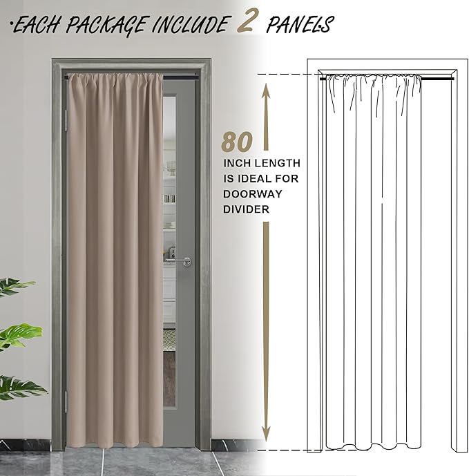 JIUZHEN Blackout Doorway Curtains 80 inch Length - 2 Panels Thermal Insulated Privacy Soundproof Rod Pocket Closet Door Curtains Room Divider for Bedroom, Office, 42 x 80 inches, Camel