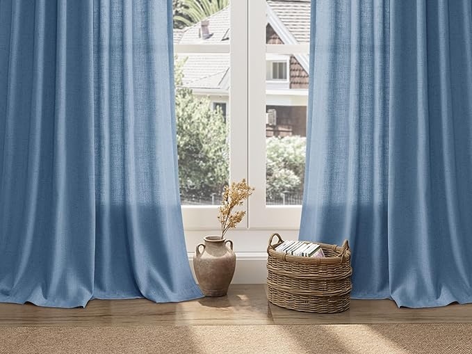 Nanspring Stone Blue Linen Curtains 63 Inches Long 2 Panel Sets for Living Room Bedroom Rod Pocket Back Tab Light Filtering Drape for Kitchen Window Short Protect Privacy Curtain 52x63
