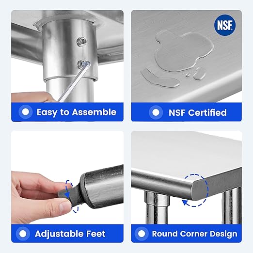 Hally Stainless Steel Table for Prep & Work 30 x 60 Inches, NSF Commercial Heavy Duty Table with Undershelf and Galvanized Legs for Restaurant, Home and Hotel