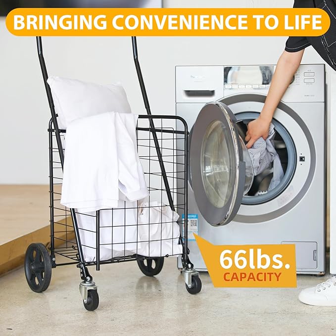 Grocery Shopping Cart with 360° Rolling Swivel Wheels Utility Cart Easily Collapsible Cart 66lb Extended Foam Cover, Trolley for Laundry,Groceries,Travel Black (Medium)