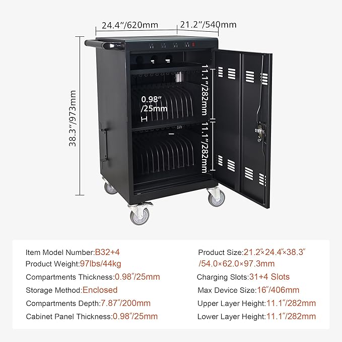 Laptop Charging Cart,35 Devices Tablet Storage Carts for pad Up to 16.3" Screen Size, Classroom Computer Mobile Charging Station for Pads, Chromebooks,Laptops, Security Storage(31+4 Bay-Black)