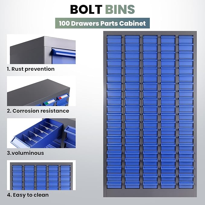 100 Drawers Nut and Bolt Organizer, 26x9x46 Stainless Steel Parts Cabinet with Shelfs & Labels Bolt Organizer for Workshop Tool & Hardware Storage and Organization (100 Drawers)