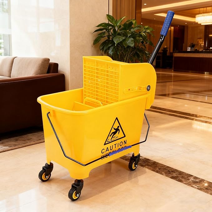 Fockety Mop Bucket, 20L Side Press Floor Cleaning Rectangular Mop Bucket on Wheels with Wringer and Handle, Mopping, Industrial Business