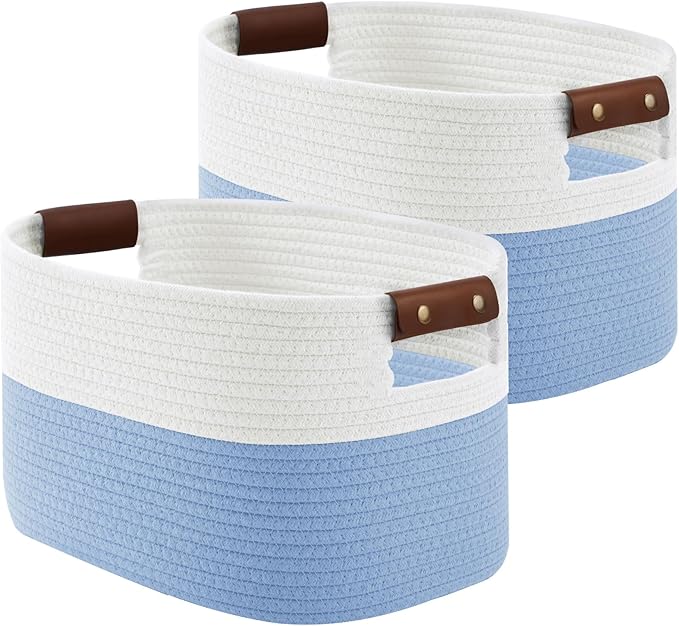 Cotton Rope Basket, Storage Baskets with Handle, 15x10x9 Inch Woven Basket for Shelves, Laundry, Towels, Clothes, Books (White/Blue 2Pack)