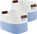 Cotton Rope Basket, Storage Baskets with Handle, 15x10x9 Inch Woven Basket for Shelves, Laundry, Towels, Clothes, Books (White/Blue 2Pack)