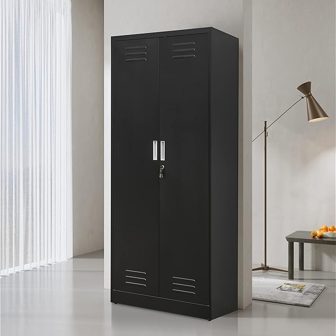 Metal Storage Cabinet with Locking Doors and Shelves, 71" Large Garage Locker with 4 Adjustable Shelves, Steel File Cabinet for Office, Garage, Home & Pantry (Black)