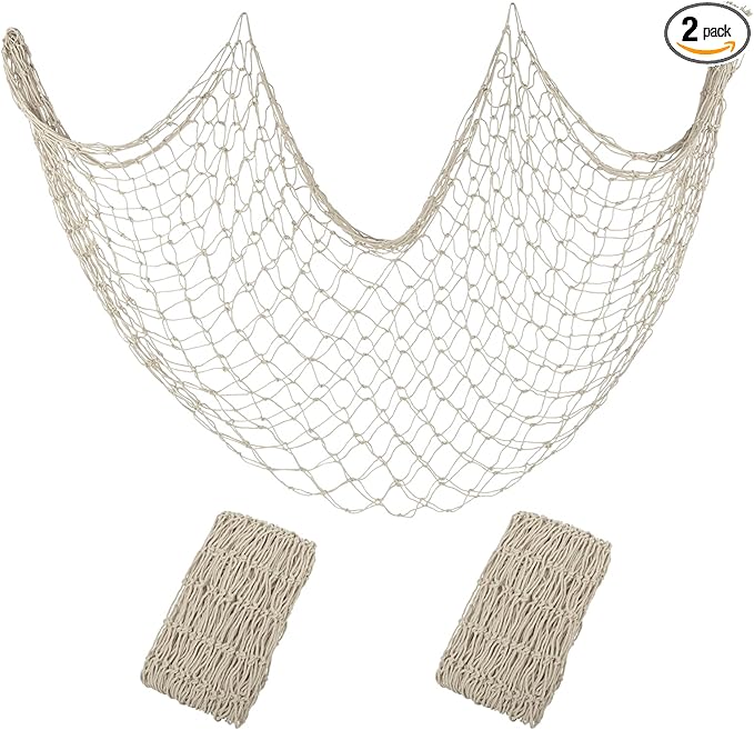 Patioland Decorative Fishing Net 2 Pack, 80x40 Inch Large Beige Fish Net Decor for Wall, Photo Display, Nautical Mermaid Pirate Ocean Themed Beach Hawaii Under the Sea Party Decorations