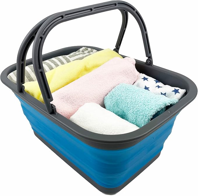 SAMMART 12L (3.17Gallon) Collapsible Tub with Handle - Portable Outdoor Picnic Basket/Crate - Foldable Shopping Bag - Space Saving Storage Container (Grey/Cerulean)