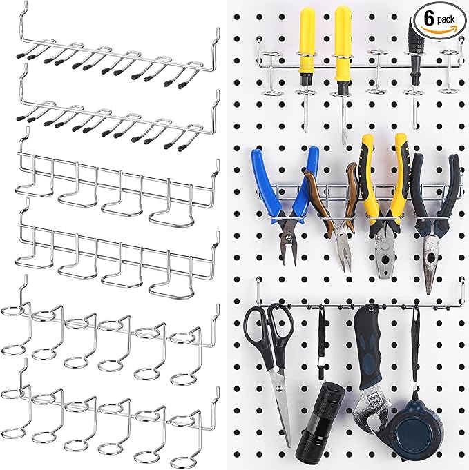 Coume 6 Pcs Pegboard Screwdriver Holders Organizer Pegboard Plier Holders Stainless Steel Peg Board Tool Utility Hooks Accessories Shelving Display Multi-Ring Tool Racks for Shop Store(Silver)