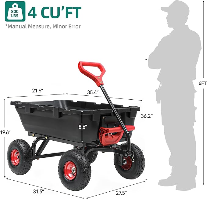 800lbs Garden Dump Cart, Heavy Duty Yard Dump Wagon with 10" Pneumatic Tires, Utility Wheelbarrow cart for Yard, Farm and Garden Christmas Hauling