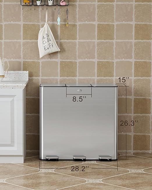 Trash Can 90 L/23.8 gal, Three-Compartment Pedal Stainless Steel Kitchen Recycling Trash Can with Odor Seal, Soft-Close Lid, Fingerprint Resistant, Removable Buckets for Waste & Recycling