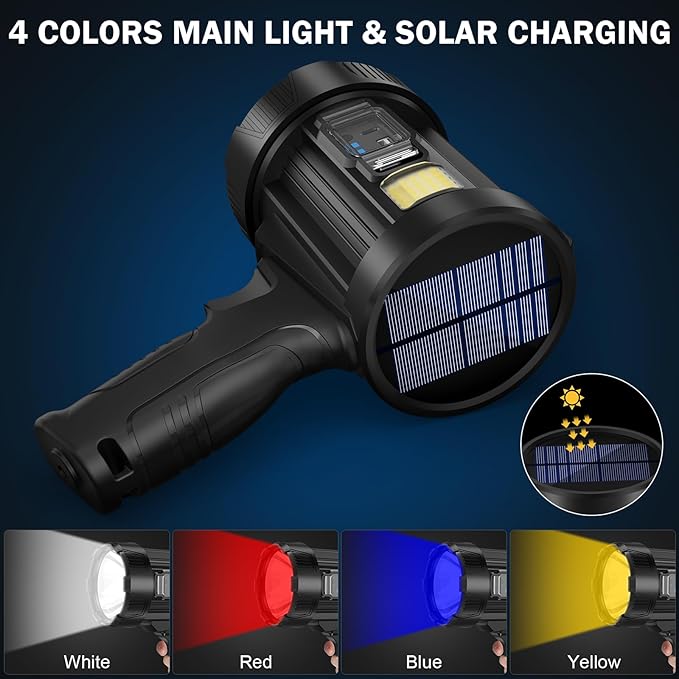 Spotlight Rechargeable, 99,000 Lumens Super Bright Handheld Flashlight, Outdoor Led Spot Light with Cob Light and Solar Panels for Boating Camping Home