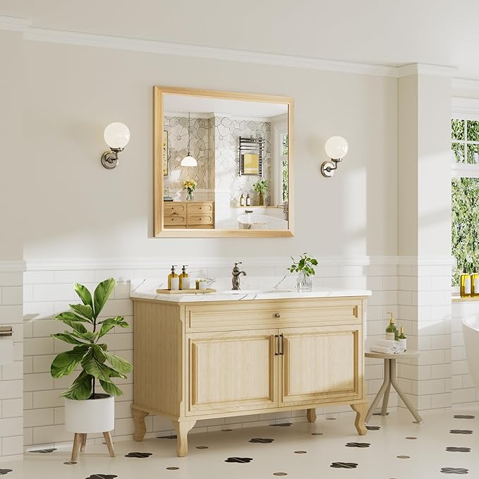 40x36 Inch Bathroom Mirror for Wall, Anti-Rust Oak Wood Grain Metal Framed Bathroom Mirrors for Over Sink,Rectangler Mirrors for Bathroom Vanity, Farmhouse, Bedroom, Living Room, Entryway Decor