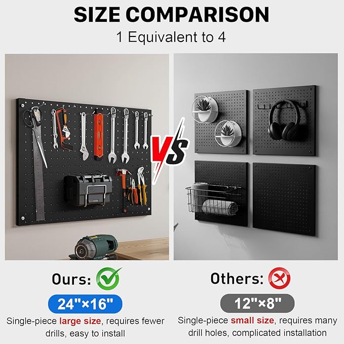 Peg Board, 3 Pack Metal Pegboard Panels Black Pegboards Wall Organizer with Frame Large Heavy Duty Peg Board with Hooks for Walls Home, Garage Tool Storage, Office, Craft Room, Kitchen 24”×16”