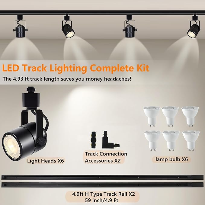 Black LED Track Lighting Heads Kit, 6-Lights Dimmable GU10 Track Lights with 6.56FT(3.28 * 2) H Type Track Light Rails, 10W 4000K Warm Light Indoor Ceiling Spotlight Fixture Replaceable GU10 Bulb