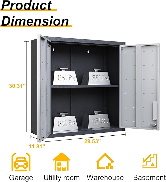 Metal Wall Mounted Cabinet with 2 Lockable Doors & Adjustable Shelf, Hanging Garage Storage Cabinet, Floating Upper Tool Cabinets for Shop, Kitchen, Bathroom (Grey, 30''W x 12''D x 30''H)