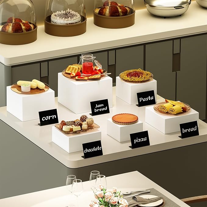 6 Pcs Medium-Sized White Acrylic Boxes for Display as Buffet Risers and Stands, Food Risers for Party, Table, including 8", 7.5", 7", 6.8", 6", 5" (Medium, White, 6Pcs, With Mini Signs)